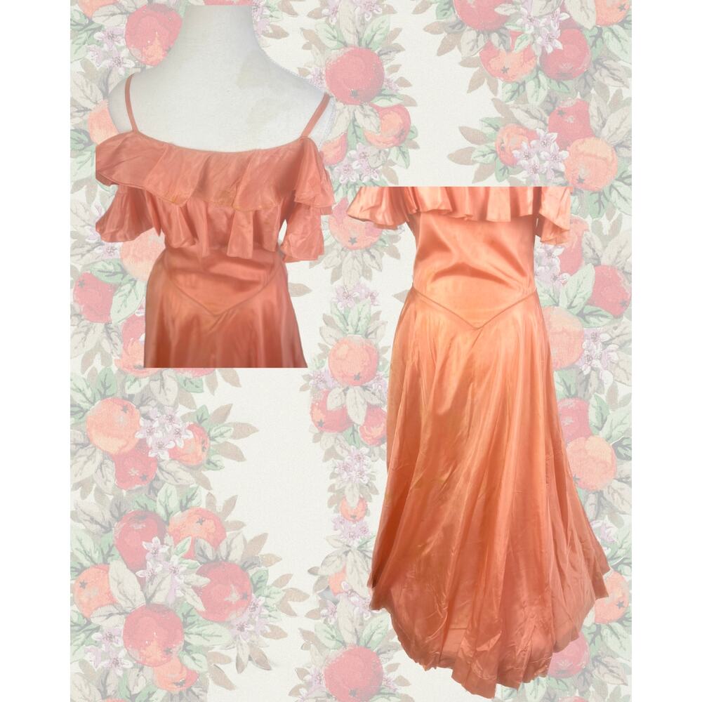 Vintage 1930s Wounded Bird Peach Ruffled Off Shoulder Gown Size S - Picture 4 of 8